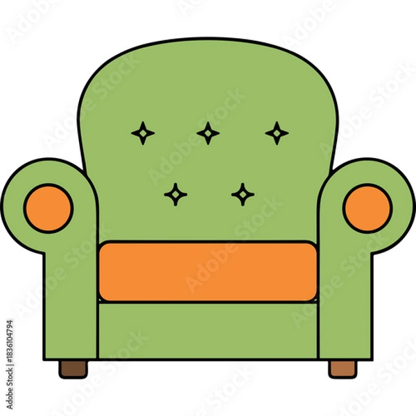 Fototapeta A Light Green Armchair With Orange Seat Cushions And Rounded Armrests Against A Black Background With Four Small Diamond Shapes On The Tufted Backrest And Four Brown Legs