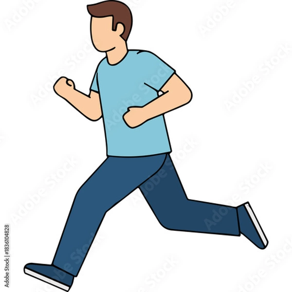 Fototapeta A Man In A Light Blue T Shirt And Blue Jeans Running With His Fists Clenched Isolated On Black Background