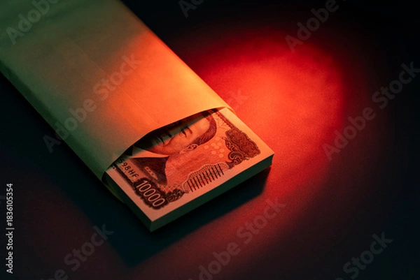 Obraz 一万円札の札束と封筒が赤い光に照らされる金融コンセプト