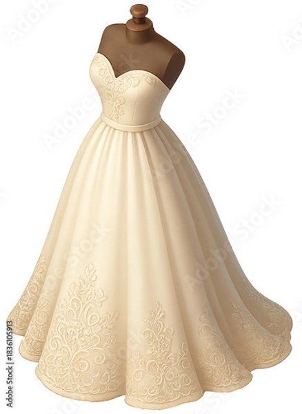 Obraz Elegant Ivory Wedding Dress Illustration on Mannequin – 3D Bridal Gown with Lace Details
