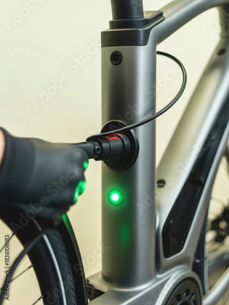 Fototapeta A mechanic in a workshop connects a charging cable to an e-bike frame.