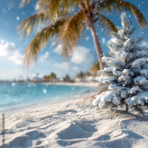 Obraz Christmas tree with ornaments on tropical beach with falling snow