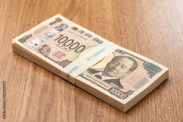 Obraz 木目テーブルに置かれた百万円の一万円札束が象徴する日本円の高額資金