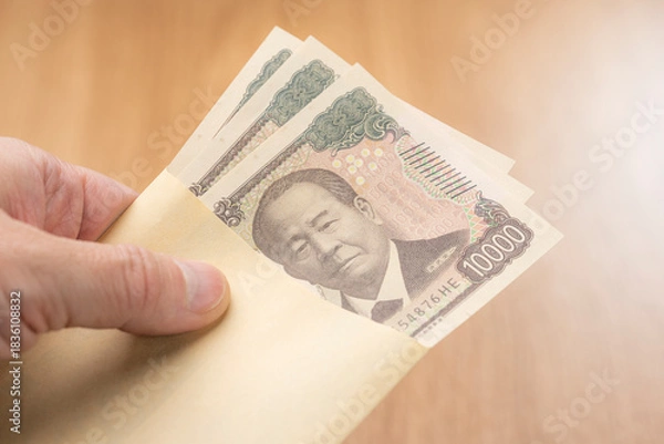 Obraz 封筒から一万円札を取り出す手元が示す日本円の支払いイメージ