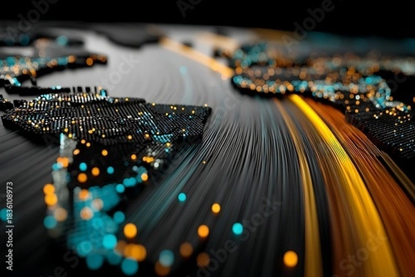 Obraz Abstract global network visualization with illuminated connection points and flowing data streams