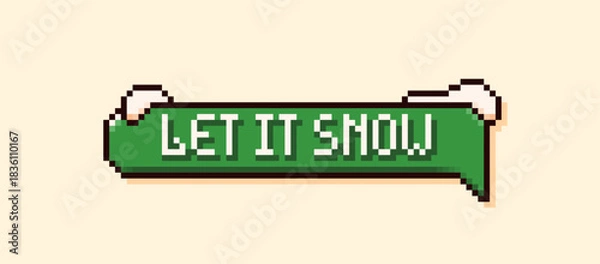 Fototapeta Christmas pixel speech bubble with a green background the phrase Holly Jolly and snow peaks.