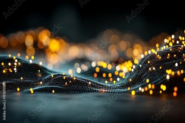 Obraz Abstract Technology Landscape Interconnected Dots and Glowing Orbs with Data Network Backdrop