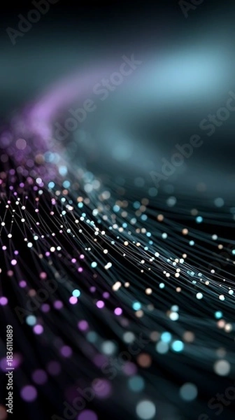 Obraz Abstract technology network background with flowing data lines and glowing spheres on dark backdrop