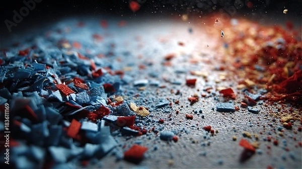 Obraz Abstract textured surface covered with blue, red, and gold flakes under dynamic lighting effects