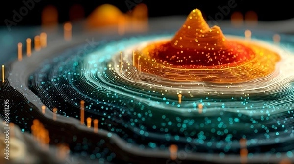 Obraz Abstract topographic data visualization with glowing teal and orange lights representing data points