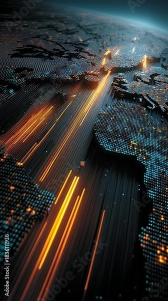 Obraz Abstract World Map Grid with Flowing Orange Lines and Glowing Dots, Technological Visualization