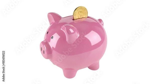 Obraz Pink piggy bank with golden coin isolated PNG, savings and investment concept for financial planning and wealth management