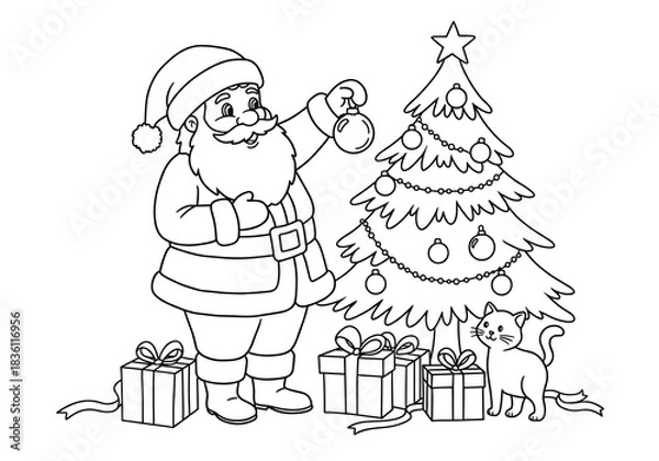 Fototapeta Cheerful Santa Claus coloring page with Christmas tree, ornaments, and playful cat