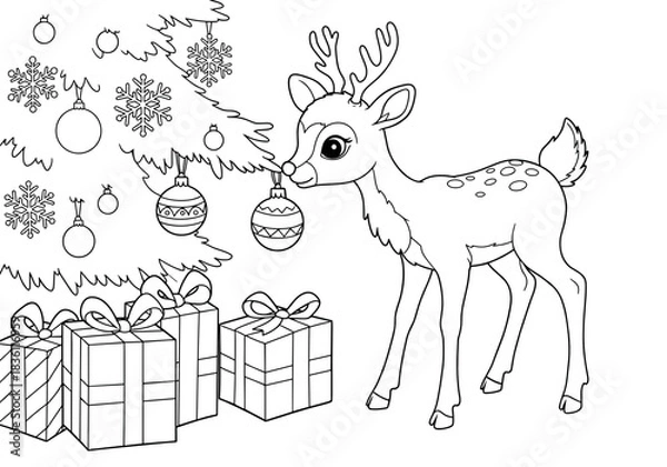 Fototapeta Cute reindeer coloring page with Christmas tree, ornaments, and gift boxes
