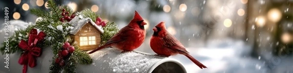 Obraz Pair of red cardinals perching on snowy christmas decor