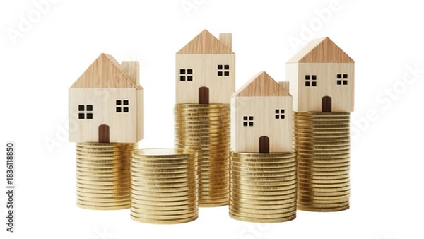 Obraz Wooden toy houses on stacks of gold coins isolated PNG, concept for real estate investment and property value growth on transparent background