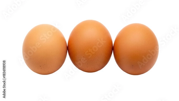 Obraz Three brown chicken eggs isolated PNG, fresh farm produce for cooking and baking, healthy protein source