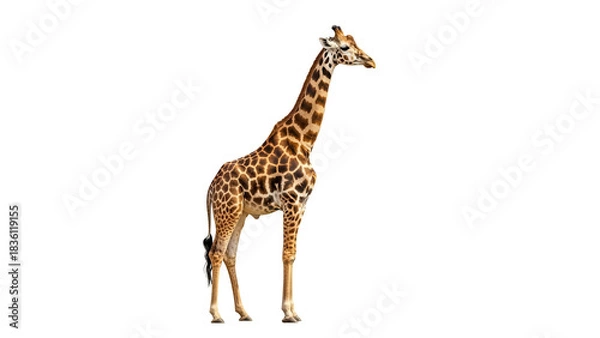 Obraz Elegant giraffe standing isolated PNG on transparent background, tall African mammal with brown spots for wildlife and nature designs