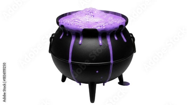 Obraz Black cauldron with purple bubbling potion isolated PNG, Halloween witch brew for spooky party decorations on transparent background