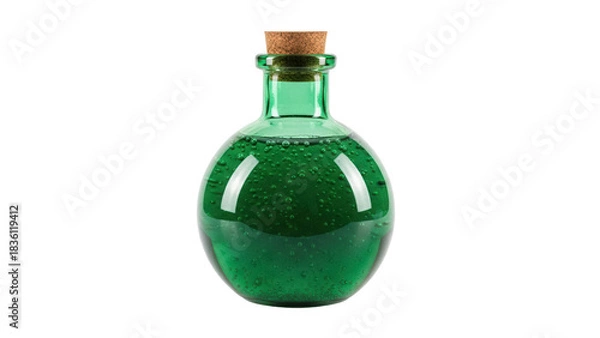 Obraz Green potion bottle with cork isolated PNG, magical elixir in glass flask for fantasy game or Halloween design on transparent background