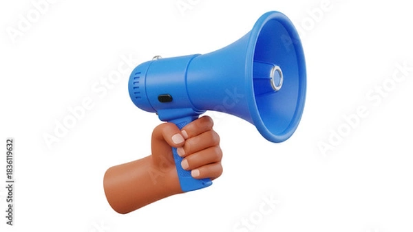 Obraz Blue megaphone in hand isolated PNG, public address system for announcements and communication on transparent background