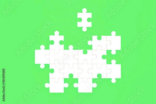 Obraz Jigsaw puzzle with missing piece on green background. Opportunities for green issues environmental problem solving concept.