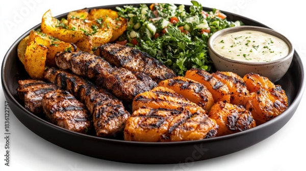 Obraz Grilled meat kebab platter with roasted potatoes, charred vegetables, tabbouleh and dipping sauce