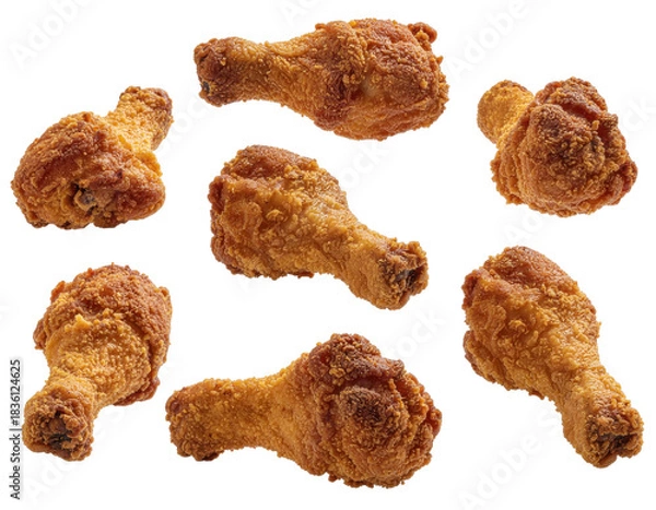 Fototapeta Freshly Fried Crispy Chicken Drumsticks Piled on Transparent Background Ready for Serving
