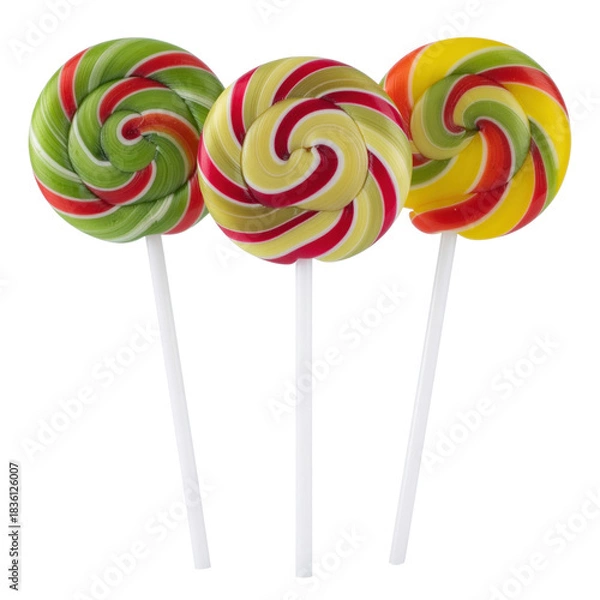 Fototapeta Assorted Colorful Spiral Lollipops with Green Red and Yellow Swirls on White Sticks