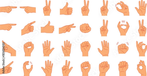 Fototapeta Large Collection of Human Hand Gestures Vector Set, Including Pointing, Thumbs Up, Peace Sign, and Fist, Ideal for Communication, Sign Language, and Interaction Concepts.