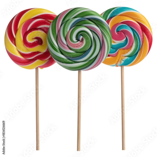 Fototapeta Three Colorful Spiral Lollipops on Sticks Against a Transparent Background