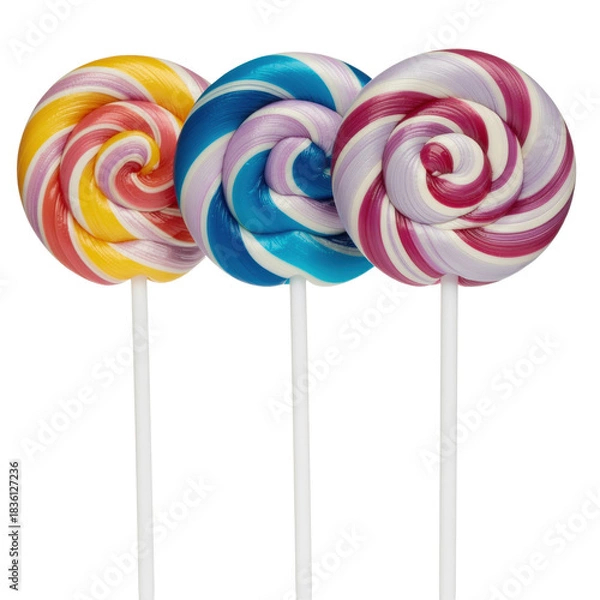 Fototapeta Colorful Swirled Lollipops in Yellow, Blue, and Pink on Sticks With Transparent Background