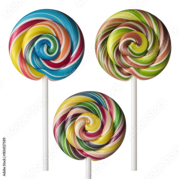 Fototapeta Colorful Spiral Lollipops on Sticks with Bright Swirls and Vibrant Patterns on Transparent Background