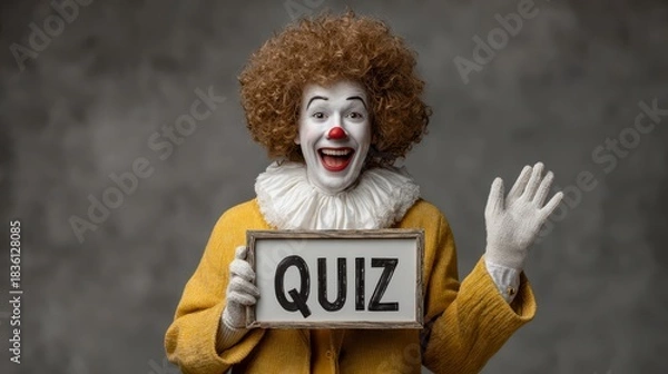 Obraz Quiztime Clown: A colorful and cheerful clown holds up a sign reading QUIZ. The clown radiates an inviting and playful energy, signaling the beginning of an entertaining game or test.