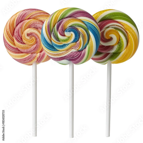 Fototapeta Three Colorful Spiral Lollipops on White Sticks Against a Transparent Background