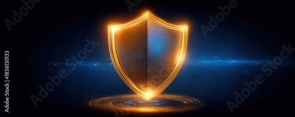 Fototapeta AI Ethics and Legal Concepts. A glowing shield symbolizing protection and security against a dark, starry background.