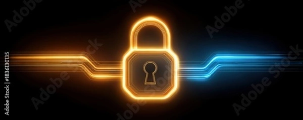 Fototapeta AI Ethics and Legal Concepts. A glowing padlock graphic symbolizes digital security and encryption, featuring vibrant orange and blue lines against a dark background.