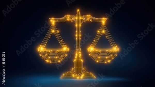 Fototapeta AI Ethics and Legal Concepts. A glowing digital representation of a balanced scale, symbolizing justice and fairness, set against a dark background.