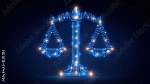 Fototapeta AI Ethics and Legal Concepts. A glowing digital representation of a balanced scale, symbolizing justice and fairness against a dark background.