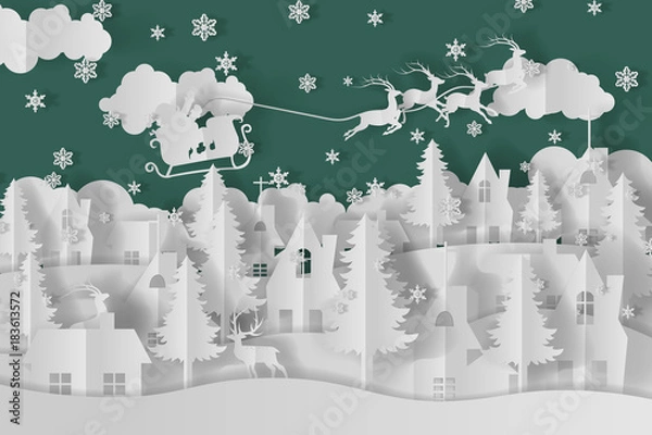 Fototapeta Vector Merry Christmas and Happy New Year.Greeting Card and Snowflakes background , Paper cut with tree and house design. vector illustration.