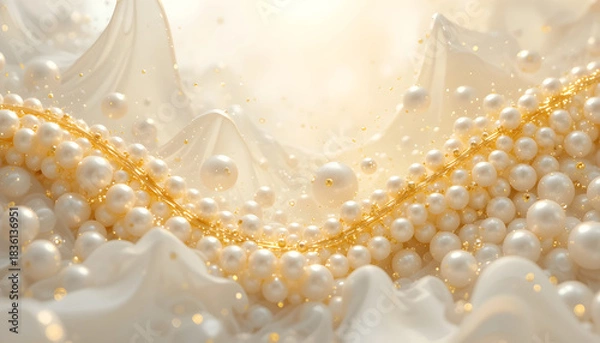 Fototapeta Golden white background with pearl beads shining, radiant glow and soft light, elegant abstraction