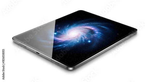 Fototapeta Silver tablet displaying a vibrant galaxy image, angled, with reflection and clean background
