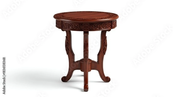 Fototapeta Ornate, circular wooden table with carved detailing, set against a white backdrop