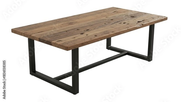 Fototapeta Rustic wooden table with a rectangular top and black metal legs, isolated on white