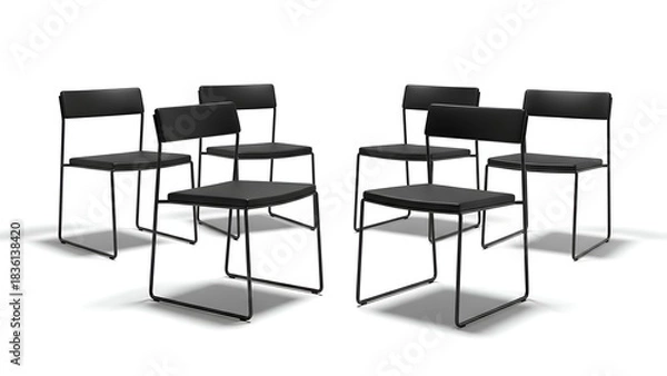 Fototapeta Six matching minimalist chairs with black frames and seats on a white background