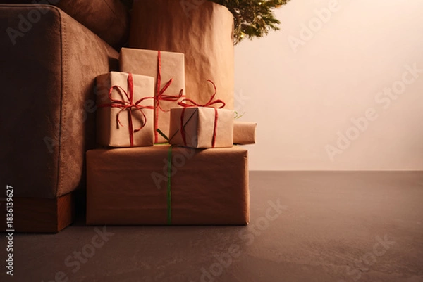 Obraz gift boxes under christmas tree with warm light