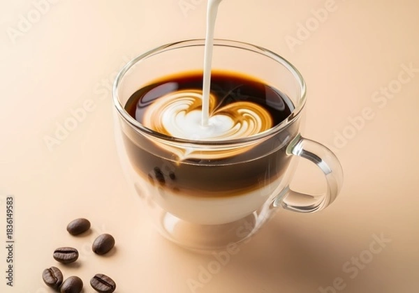 Fototapeta Pouring milk in a glass with espresso. Coffee art.