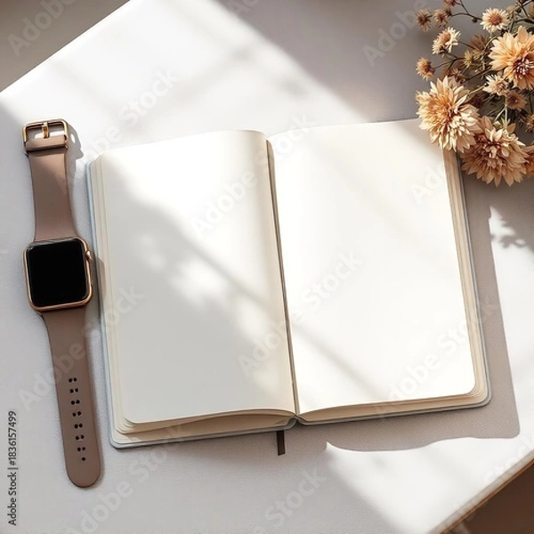 Fototapeta Blank notebook mockup with watch and flowers for blog post or social media content creation flatlay