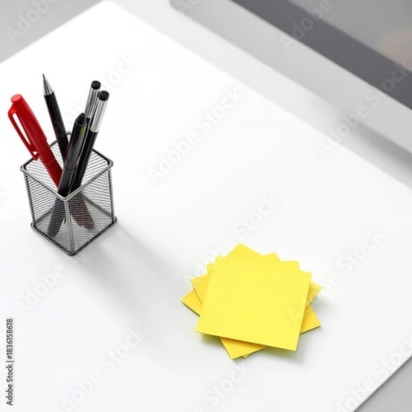 Fototapeta White desk with pens and sticky notes for office supplies and workspace organization in bright light