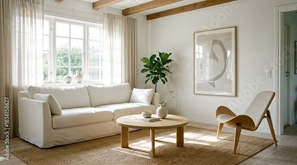 Fototapeta Bright and serene living room interior with natural light and minimalist decor.